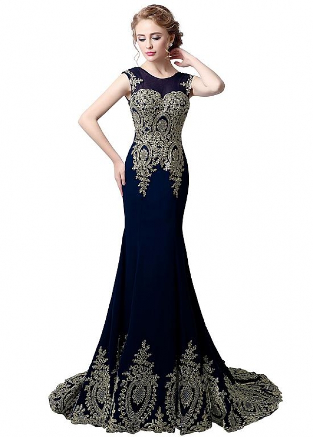 Glamorous Jewel Neckline Mermaid Evening Dresses With Lace Appliques