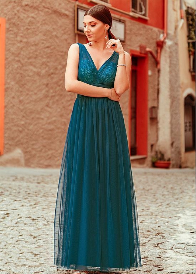 Brilliant Tulle & Sequin Lace V-neck Neckline A-line Evening Dresses