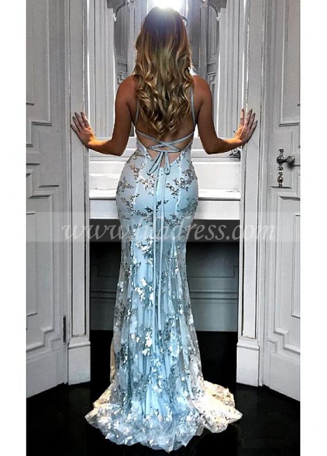 Brilliant Sequin Lace V-neck Neckline Mermaid Evening Dresses
