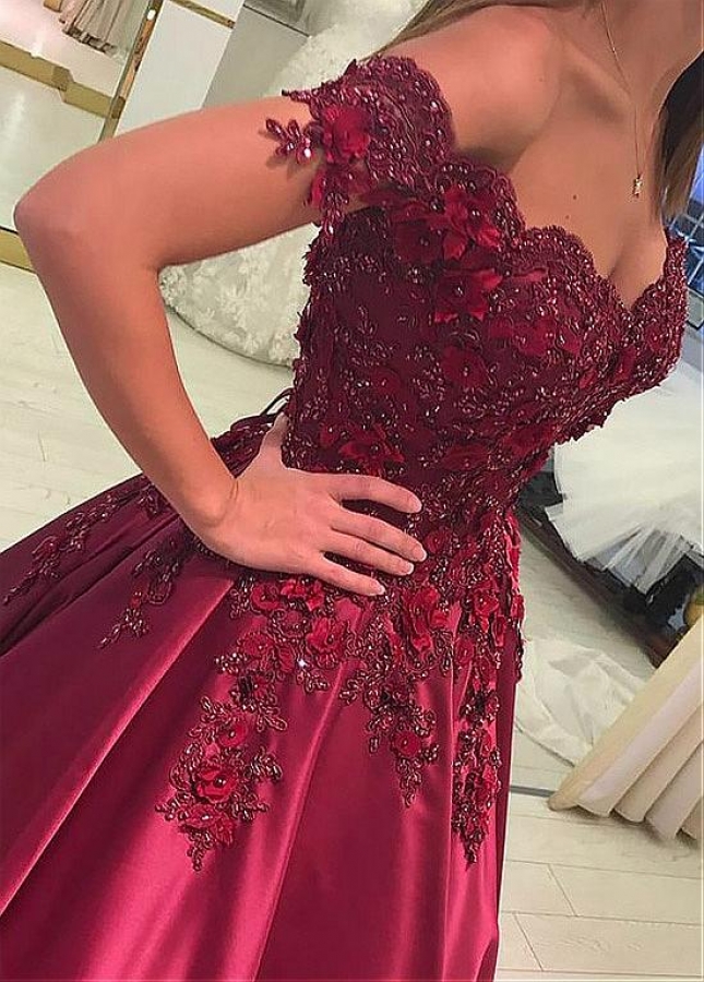 Fashionable Burgundy Satin Off-the-shoulder Neckline Floor-length A-line Evening Dresses With Beaded Lace Appliques & Handmade Flowers
