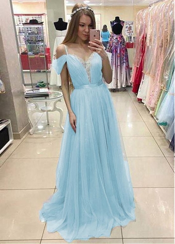 Unique Tulle & Lace Spaghetti Straps Neckline Floor-length A-line Prom Dresses With Belt & Beadings