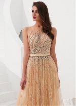 Modern Tulle Jewel Neckline Floor-length A-line Prom Dresses With Beadings & Sequins