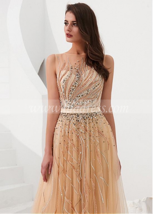 Modern Tulle Jewel Neckline Floor-length A-line Prom Dresses With Beadings & Sequins