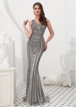 Delicate Tulle V-neck Neckline Floor-length Mermaid Evening Dresses With Rhinestones