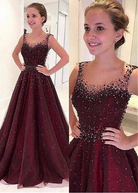 Junoesque Tulle Illusion Neckline Floor-length A-line Evening Dresses With Beadings