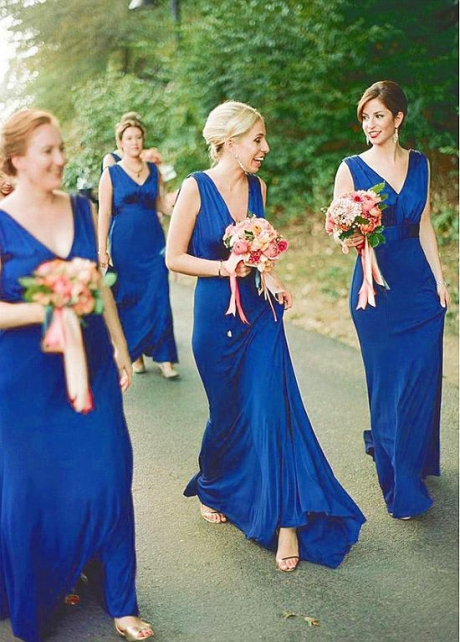 Beautiful Jersey V-neck Neckline Floor Length Sheath/Column Bridesmaid Dresses