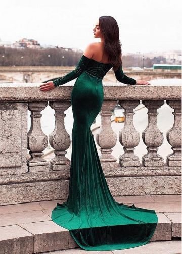 Elegant Fleece Off-the-shoulder Neckline Floor-length Mermaid Evening Dress