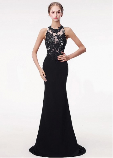 Fabulous Black Spandex Halter Neckline Floor-length Mermaid Evening Dress With Lace Appliques