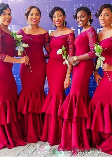 Delicate Tulle & Satin Off-the-shoulder Neckline Floor-length Mermaid Bridesmaid Dresses With Lace Appliques & Beadings