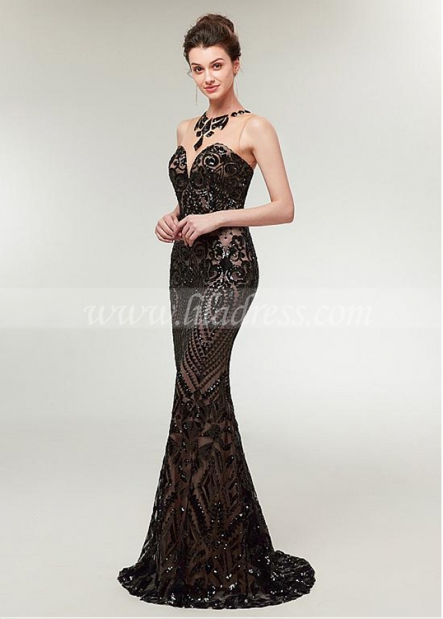 Excellent Sequin Lace Jewel Neckline Sheath/Column Evening Dress