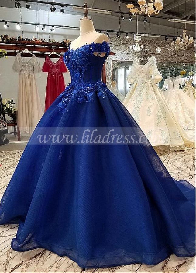 Junoesque Tulle Off-the-shoulder Neckline Ball Gown Formal Dress With Handmade Flowers & Beadings & Lace Appliques