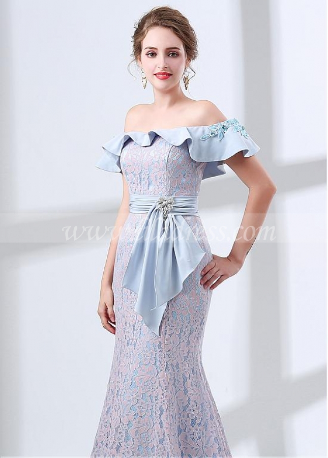 Gorgeous Lace Off-the-shoulder Neckline Mermaid Evening Dress With Belt & Rhinestones