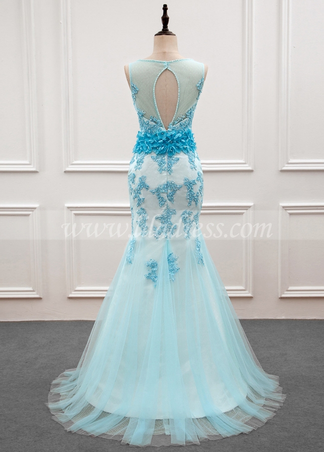 Amazing Scoop Neckline Mermaid Prom Dress With Beaded Lace Appliques & Handmade Flowers