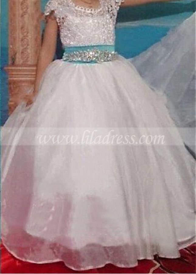 Marvelous Organza & Lace Jewel Neckline Ball Gown Flower Girl Dresses With Beadings