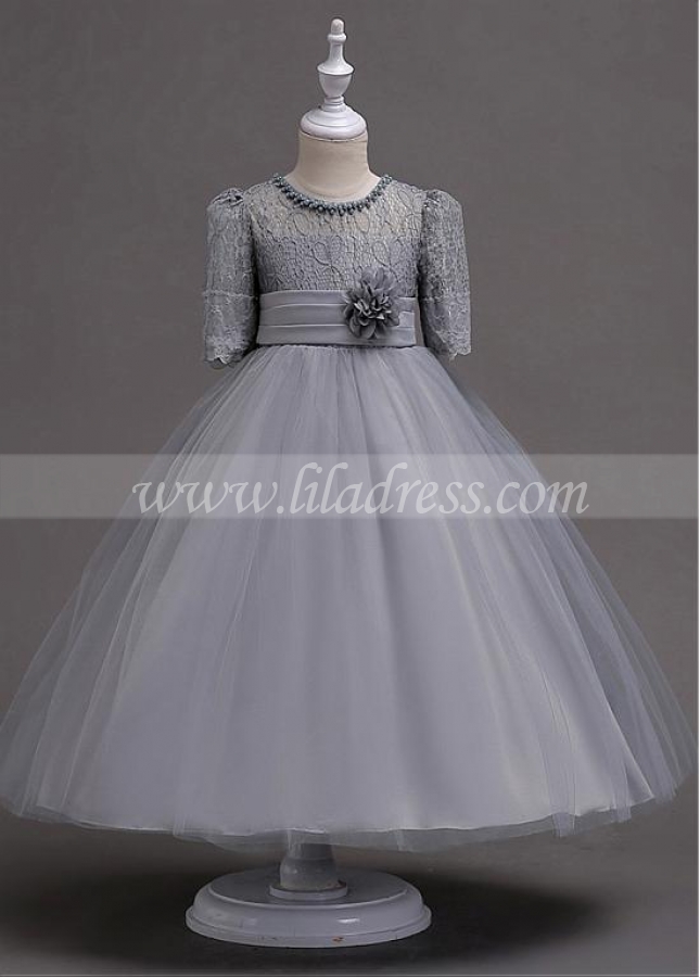 Glamorous Tulle & Lace Jewel Neckline A-line Flower Girl Dress With Beadings & Handmade Flowers