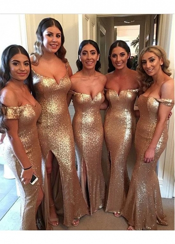 Alluring Sequin Lace Off-the-shoulder Neckline Full-length Mermaid Bridesmaid Dresses