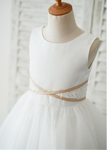 Popular Satin & Lace Scoop Neckline Knee-length A-line Flower Girl Dresses With Beadings