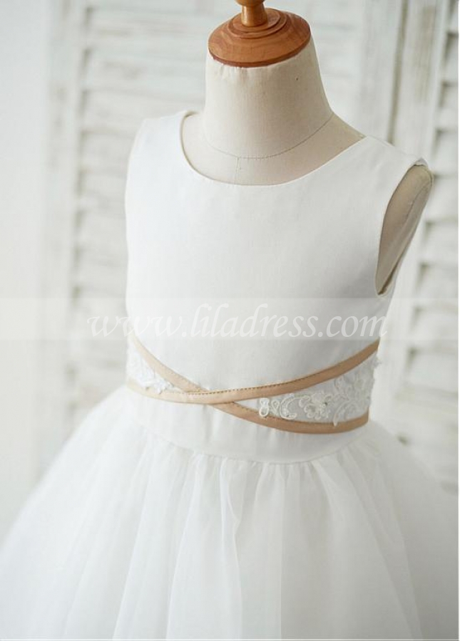 Popular Satin & Lace Scoop Neckline Knee-length A-line Flower Girl Dresses With Beadings