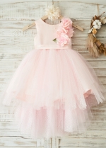 Elegant Satin & Tulle Scoop Neckline Hi-lo Length Ball Gown Flower Girl Dresses With 3D Flowers