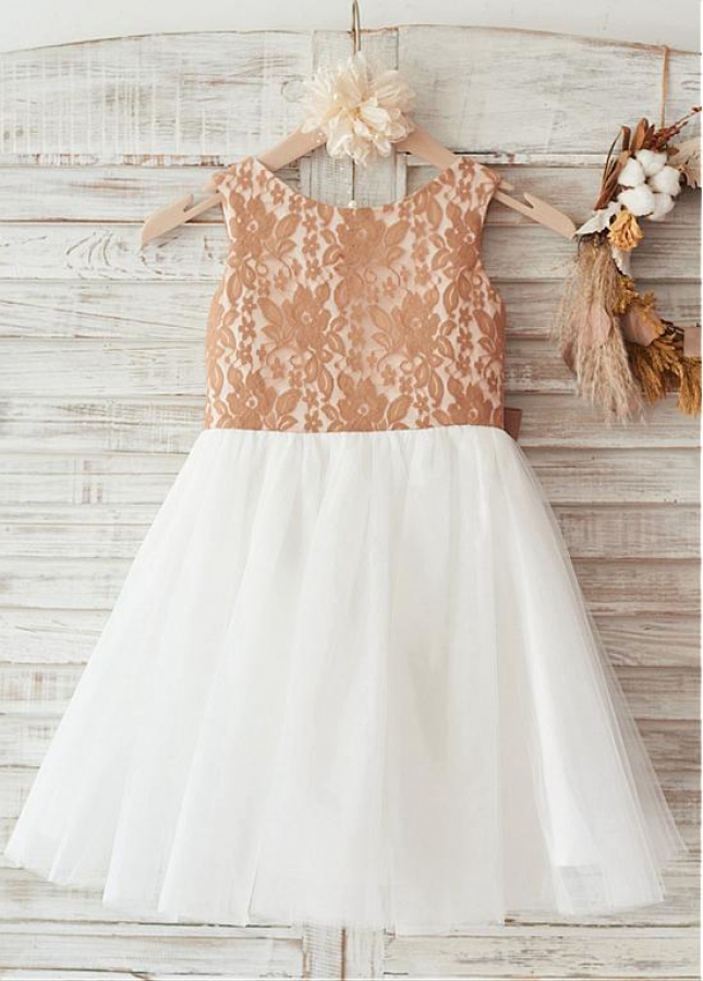 Outstanding Lace & Tulle Scoop Neckline Ball Gown Flower Girl Dresses With Bowkot