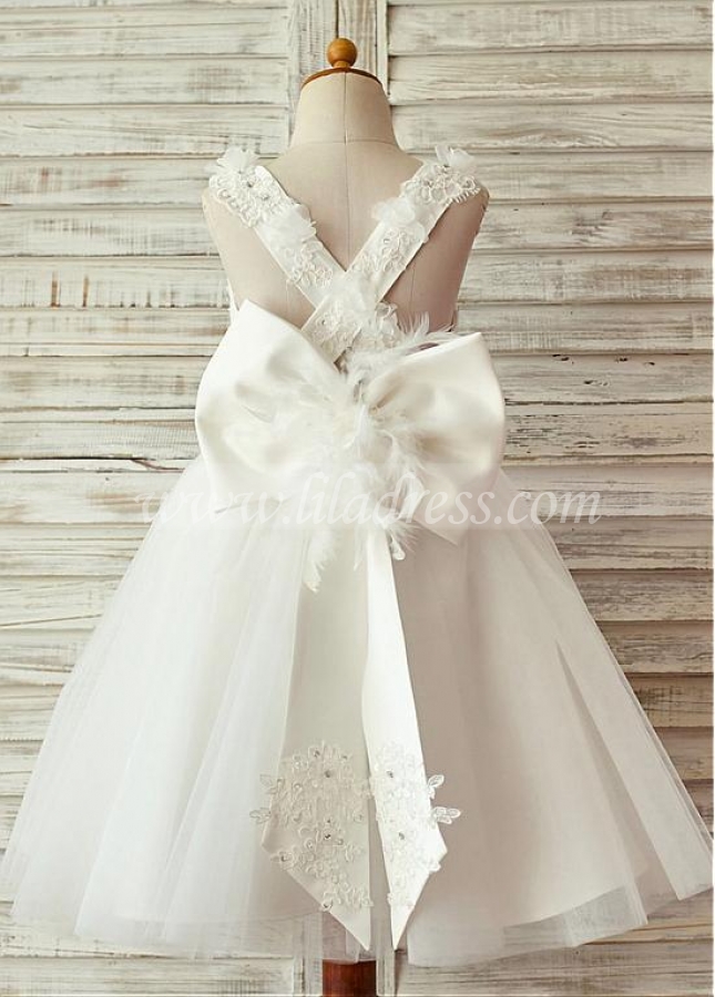 Modern Lace & Tulle Scoop Neckline Knee-length A-line Flower Girl Dresses With Bowknot & Feathers & Beadings