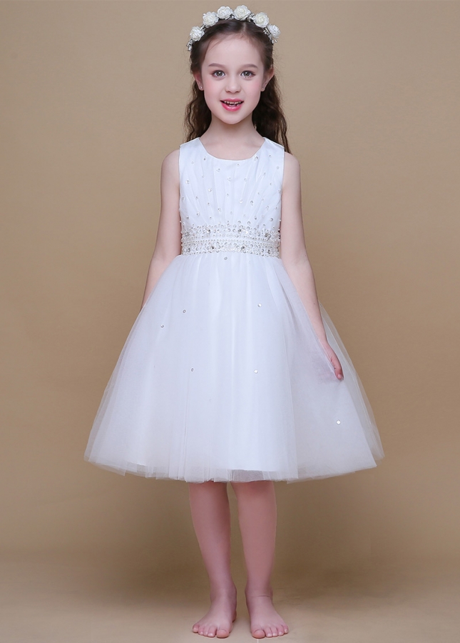 Marvelous Satin & Tulle Scoop Neckline A-Line Flower Girl Dresses With Beads