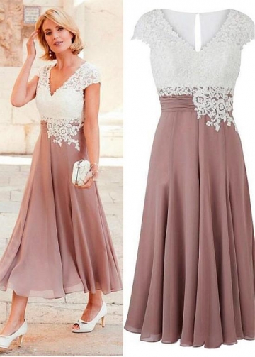 Wonderful Chiffon V-neck Neckline Tea-length A-line Mother Of The Bride Dress With Cap Sleeves