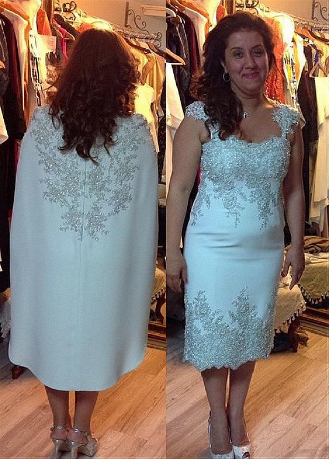Out-standing Acetate Satin Bateau Neckline Tea-length Sheath/Column Mother Of The Bride Dresses With Beaded Lace Appliques & Shawl