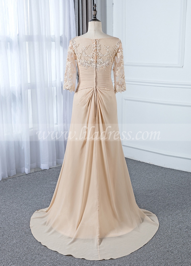 Delicate Tulle & Chiffon V-neck Neckline Sheath/Column Mother Of The Bride Dress With Beaded Lace Appliques