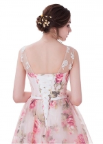 Wonderful Organza Scoop Neckline Print Prom Dresses With Lace Appliques & Beadings