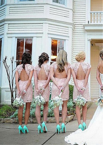 Exquisite Lace Jewel Neckline Cap Sleeves Cut-out Short Length Sheath/Column Bridesmaid Dresses
