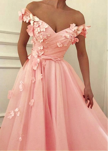 Romantic Tulle Off-the-shoulder Neckline Floor-length A-line Prom Dresses With Beadings & Handmade Flowers & Bowknot