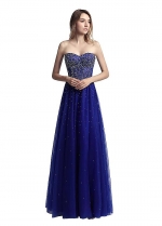 Popular Tulle Sweetheart Neckline Full length A-line Prom Dresses With Hot Fix Rhinestones