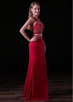 Eye-catching Spandex & Tulle Jewel Neckline Floor-length Two-piece Sheath/Column Prom Dresses With Beadings