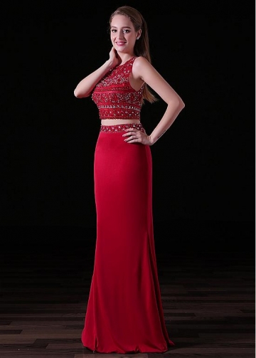 Eye-catching Spandex & Tulle Jewel Neckline Floor-length Two-piece Sheath/Column Prom Dresses With Beadings
