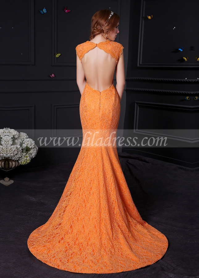 Charming Lace & Satin Scoop Neckline Mermaid Prom Dresses