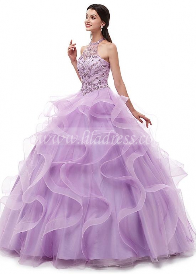 Brilliant Tulle Halter Neckline A-line Quincenera Dresses With Beadings