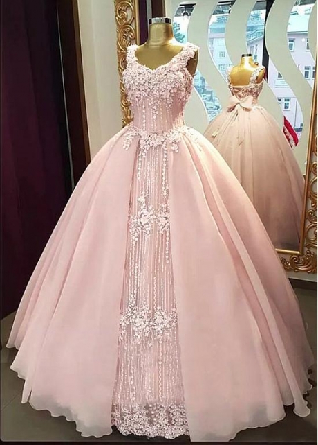 Fabulous Tulle & Organza V-neck Neckline Floor-length Ball Gown Quinceanera Dresses With Beaded Lace Appliques & Handmade Flowers & Bowknot