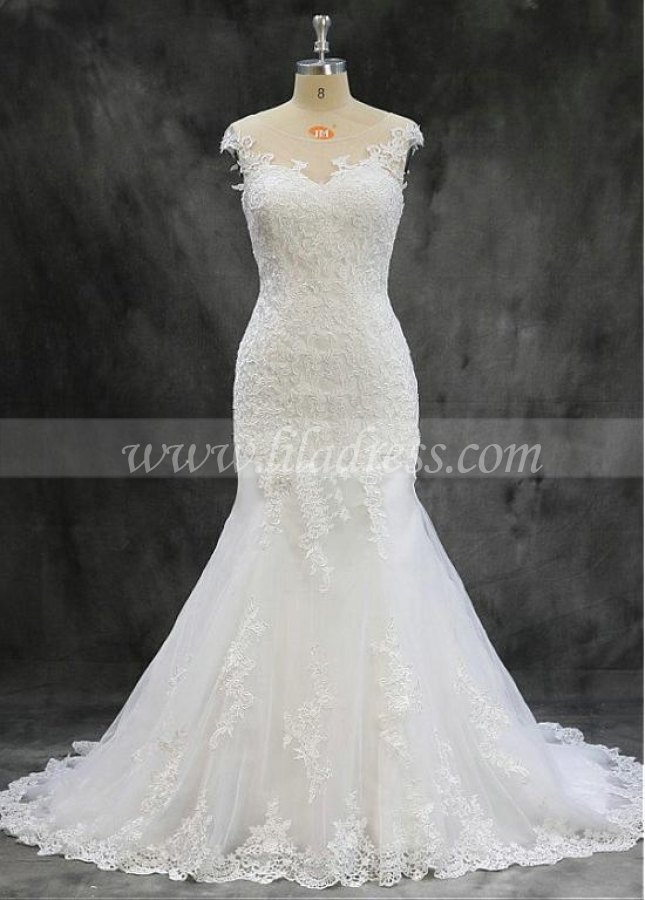 Romantic Tulle Jewel Neckline 2 In 1 Wedding Dresses With Lace Appliques & Bowknot & Detachable Skirt