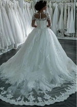 Amazing Tulle Sheer Jewel Neckline Ball Gown Wedding Dresses With Beaded Lace Appliques