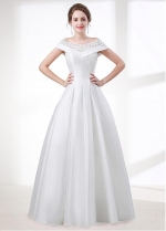 Beautiful Satin Off-the-shoulder Neckline Short Sleeves A-line Wedding Dress With Lace Appliques