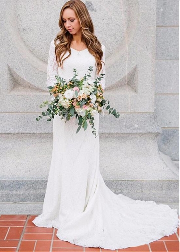Wonderful Lace V-neck Neckline Sheath/Column Wedding Dress