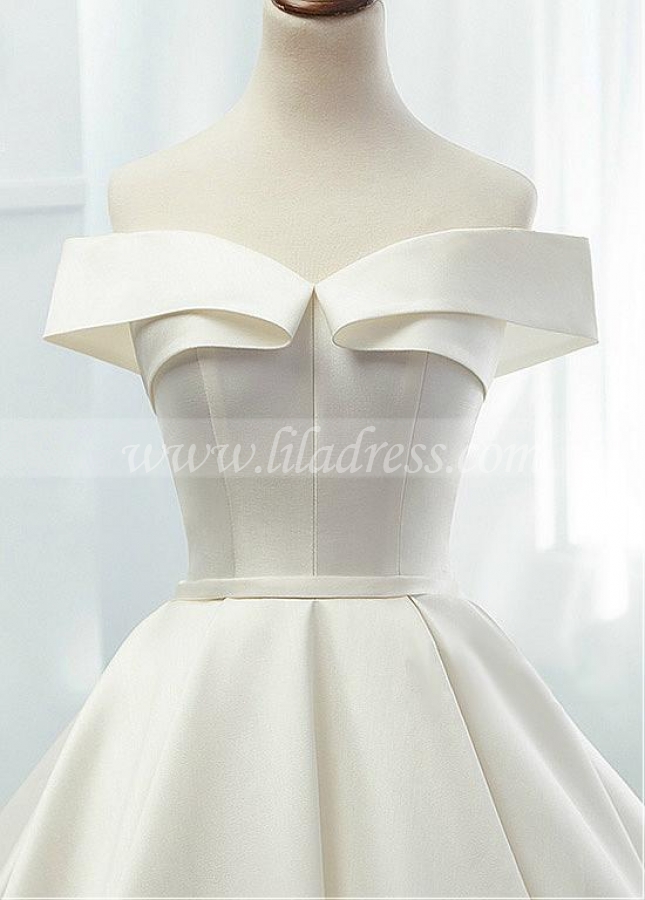 Modest Satin Off-the-shoulder Neckline A-line Wedding Dresses With Belt