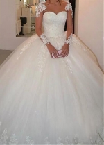 Glamorous Tulle Bateau Neckline Ball Gown Wedding Dress With Lace Appliques & Beadings