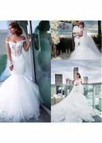 Alluring Tulle Off-the-shoulder Neckline See-through Mermaid Wedding Dress With Lace Appliques