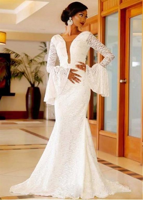Attractive Lace & Tulle V-neck Neckline Natural Waistline Mermaid Wedding Dress