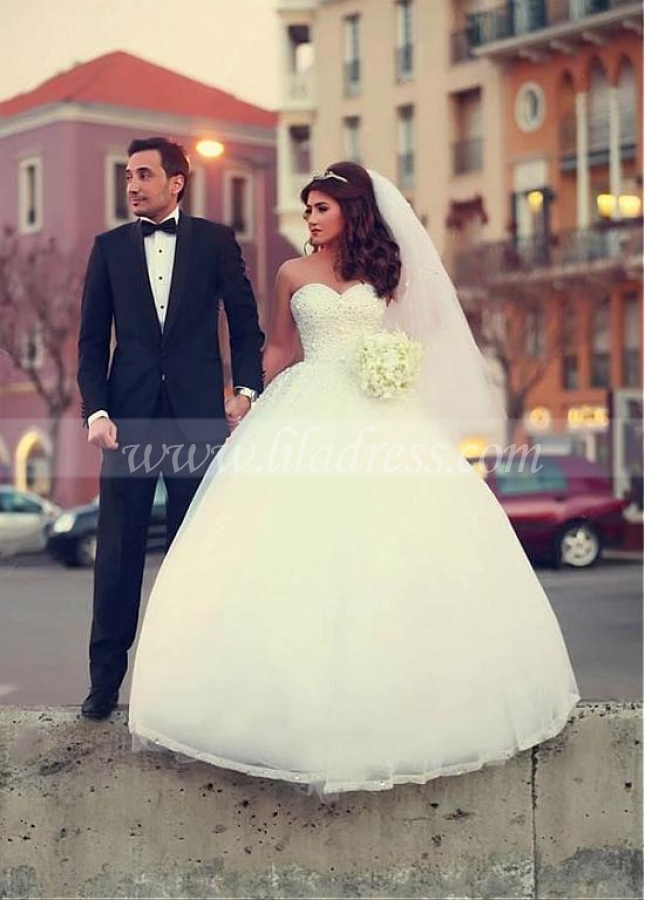Brilliant Tulle Sweetheart Neckline Ball Gown Wedding Dresses with Beadings & Rhinestones