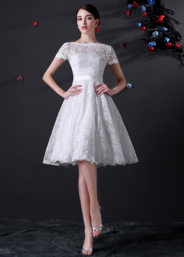 Knee Length Full Lace Wedding Dress With Short Sleeves