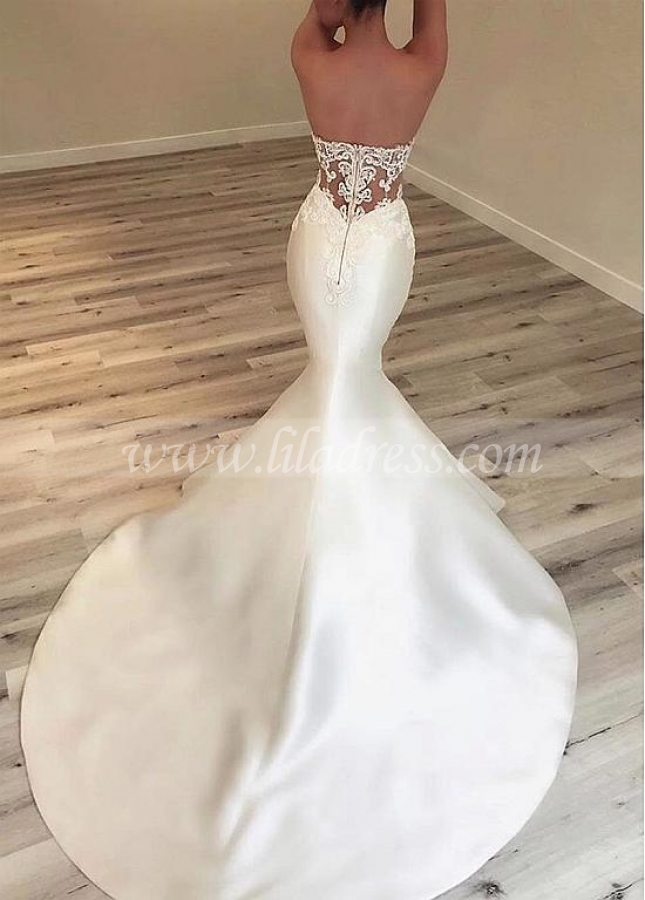 Delicate Tulle & Satin Sweetheart Neckline Mermaid Wedding Dresses With Lace Appliques & Beadings
