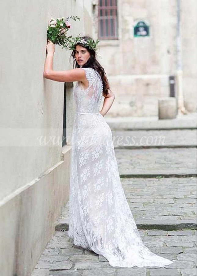 Brilliant Lace Jewel Neckline Sheath/Column Wedding Dresses With Belt